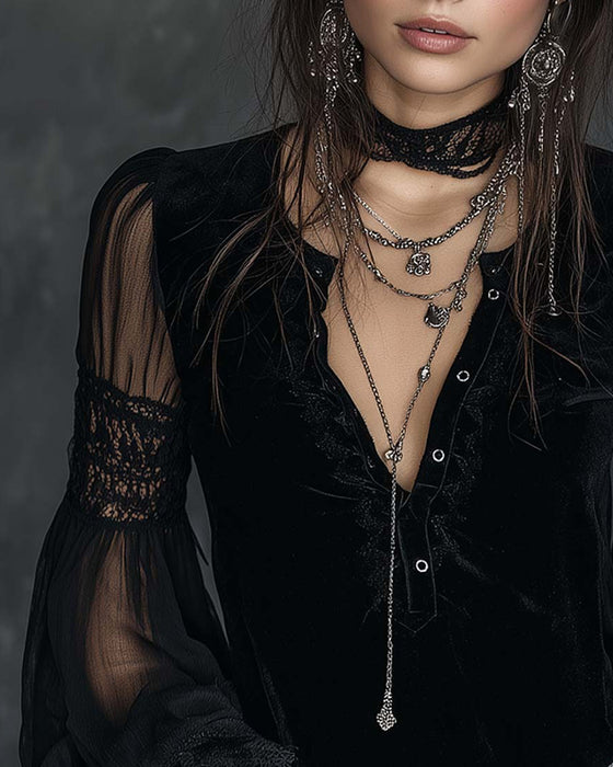 Button-Down V-Neck Puff Sleeve Blouse