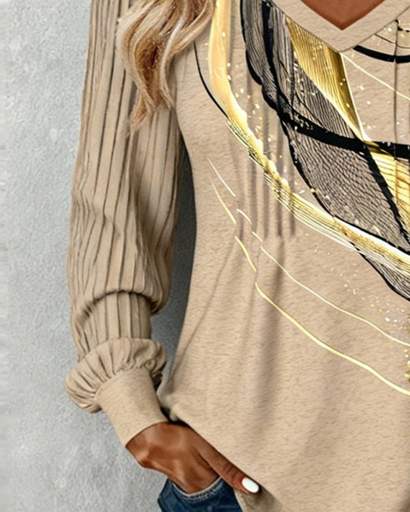 V-Neck Printed Pit Strip Long-Sleeved Top