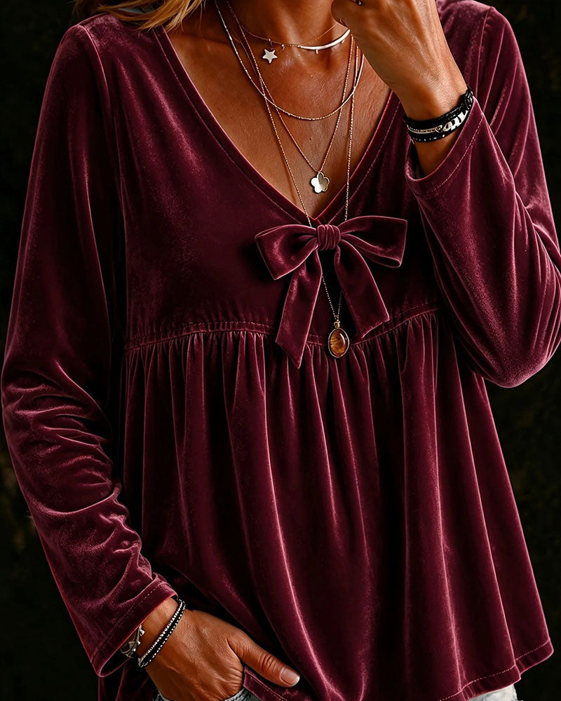 V-Neck Bow Long Sleeve Top