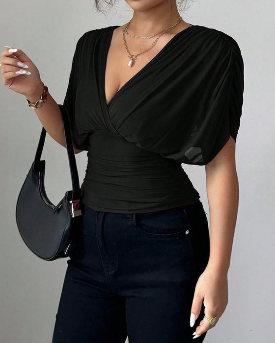 Solid Color Deep V-Nee Waist Short Sleeve Blouse