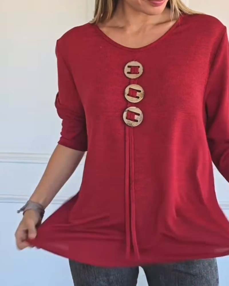 Wooden Button Long Sleeve Loose Top