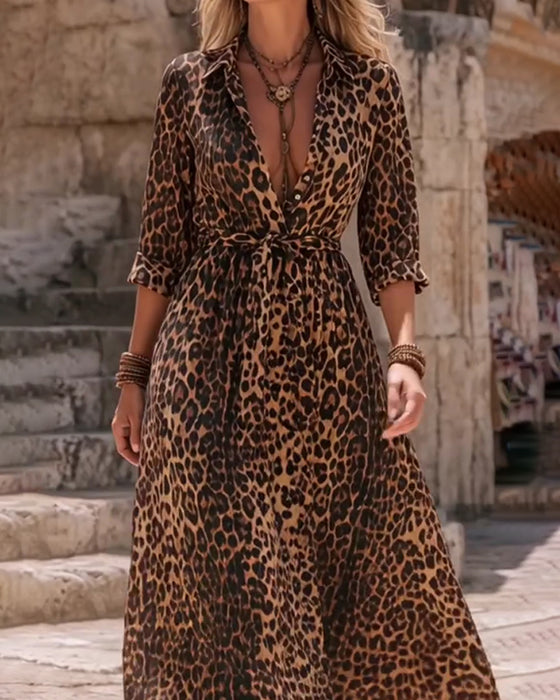 Leopard Print A-Hem Strappy Long Dress