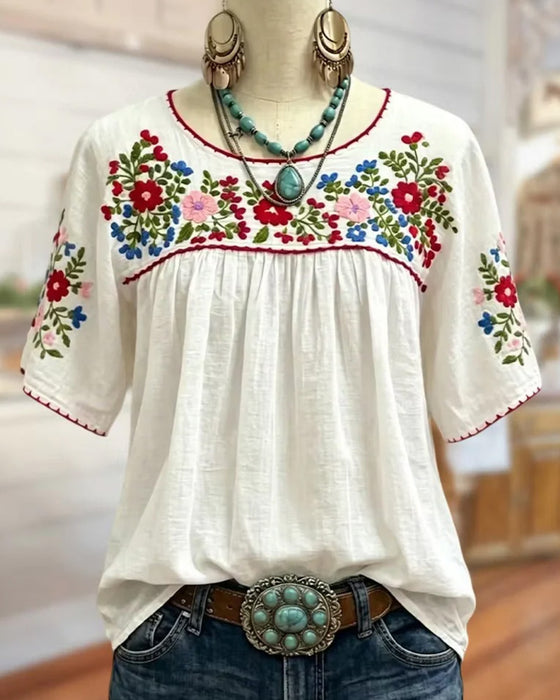 Crew Neck Embroidered Bohemian Blouse