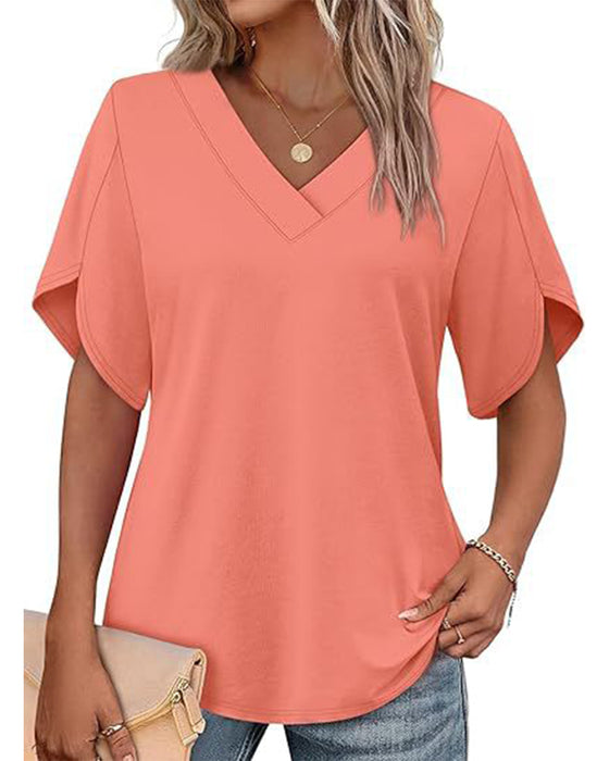 V-Neck Small Slit Short Sleeve Solid T-Shirt