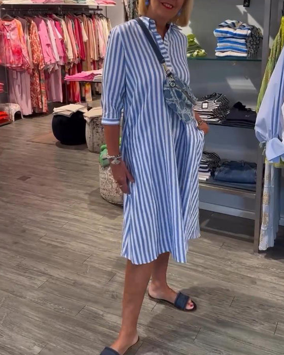 Stripe print lapel button dress