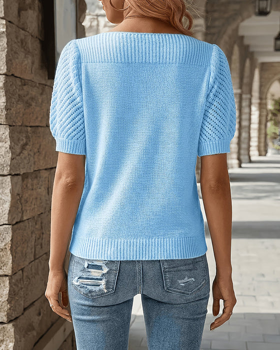 Solid Color Puff Sleeve Short Pullover