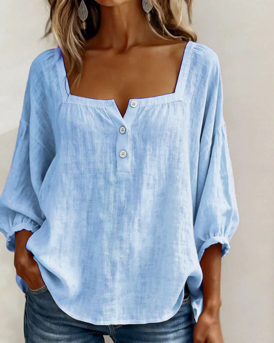 Simple Square Neck Long Sleeve Blouse