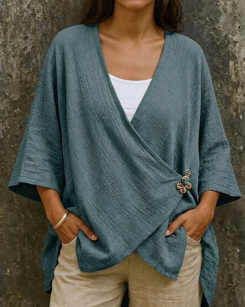 V-Neck Cross Front Three-Quarter Sleeve Blouse