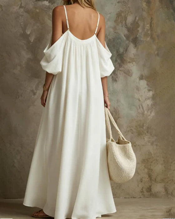Strappy Off-Shoulder Full Skirt Solid Pocket Dress