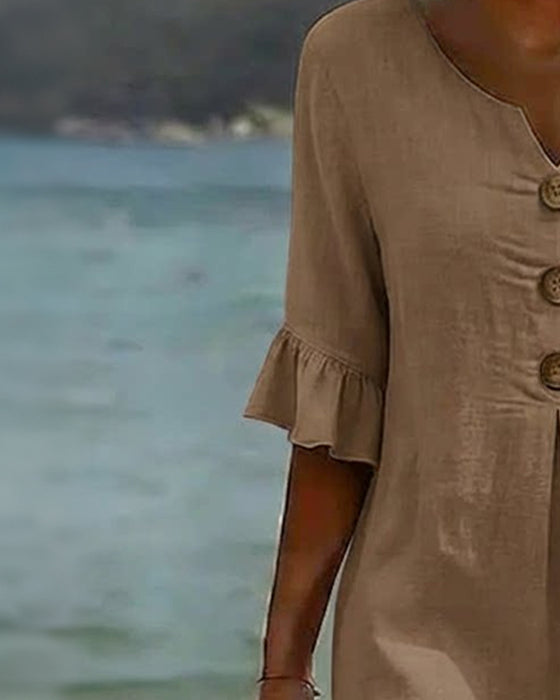 Button Ruffle Sleeve 100% Cotton Dress
