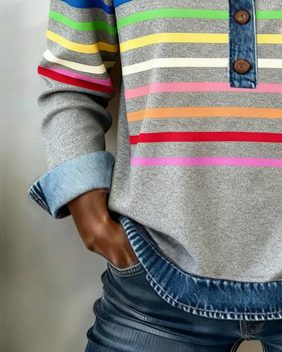 Rainbow Striped Patchwork Denim Sweatshirt