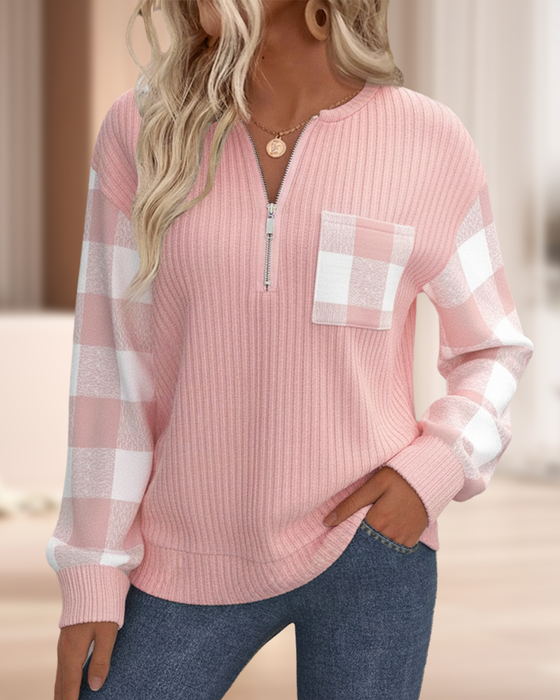 Half-Zip Plaid Patchwork Sweatshirt