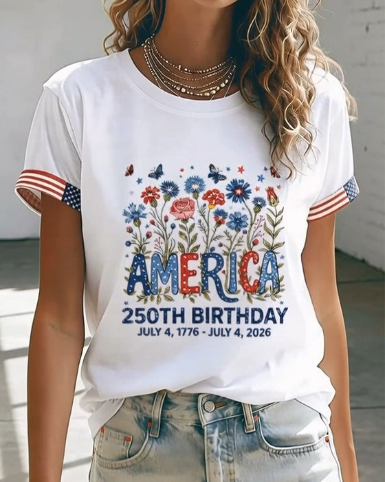 Round Neck Letter Colorful Floral Print T-Shirt