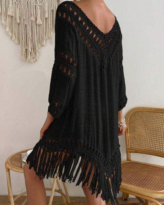V-Neck Solid Color Hollow Cover Up