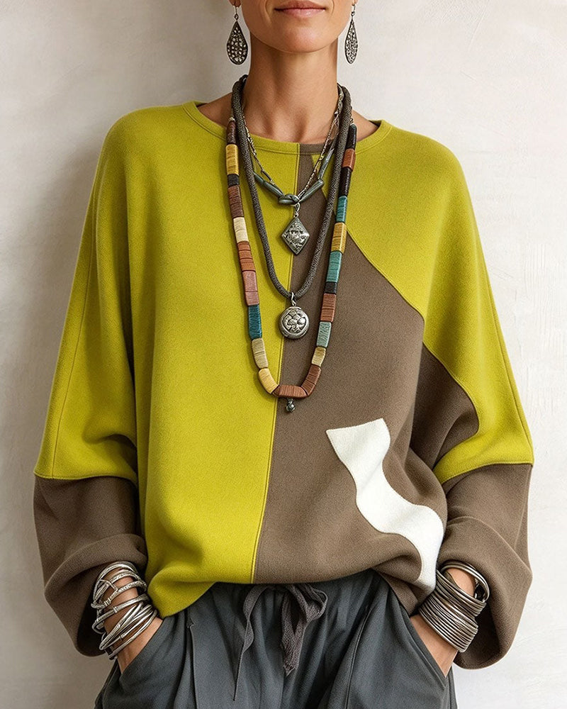 Crew Neck Raglan Sleeve Color-Block Top