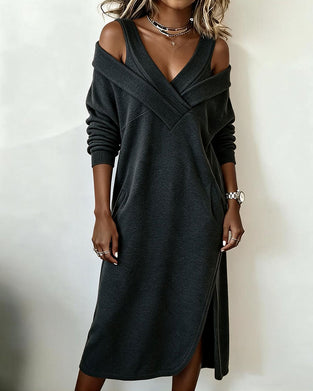 Off-Shoulder V-Neck Slit Dress