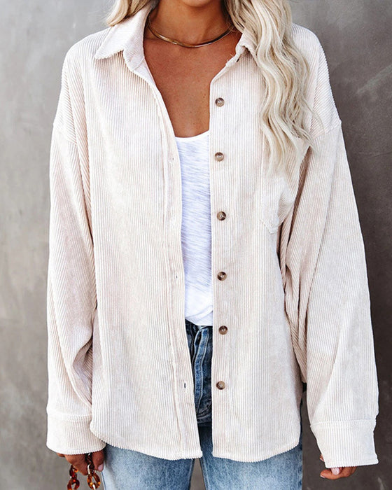 Solid Color Corduroy Pocket Blouse