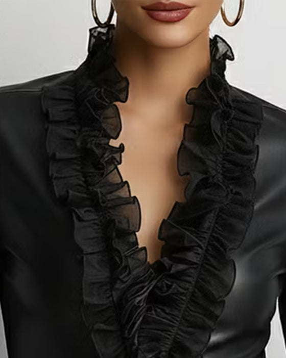 V-Neck Lace Patchwork Tulle Top