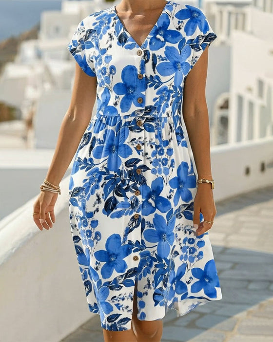 Floral Print V-Neck Short-Sleeve Dress