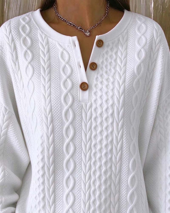 V-Neck Buttoned Cable Solid Color Sweatshirt