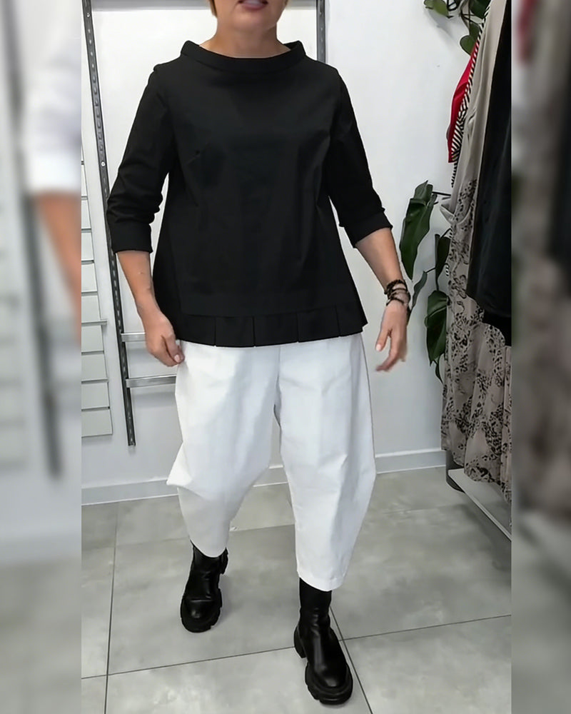 100% Cotton Wide-Collar Solid Color Casual Blouse