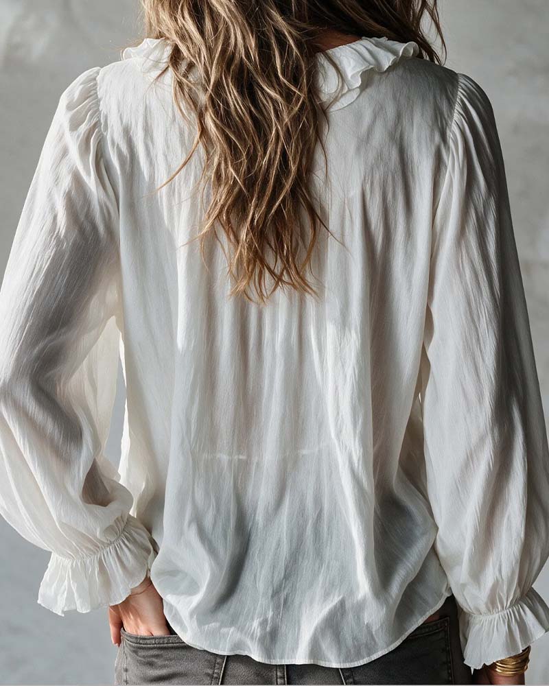 V-Neck Lace-Up Ruffled Long-Sleeve Blouse