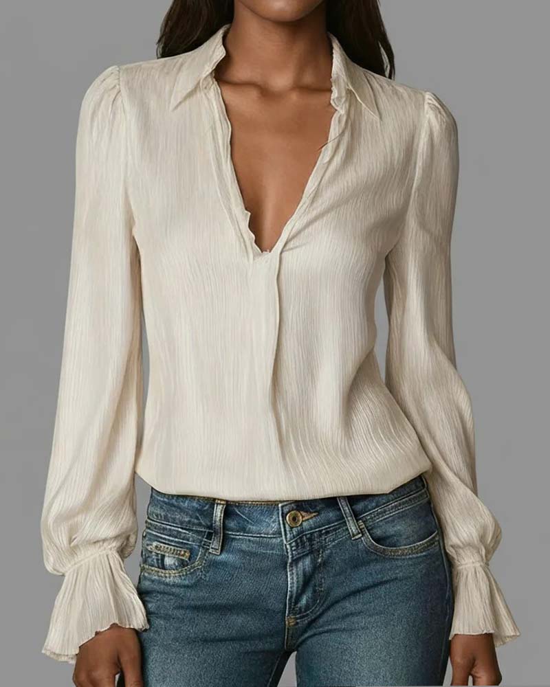 Elegant Deep V-Neck Blouse With Ruffled Sleeves