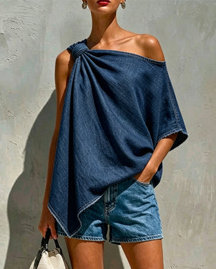 Denim Kink One Shoulder Blouse