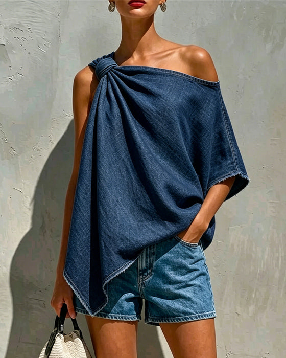 Denim Kink One Shoulder Blouse