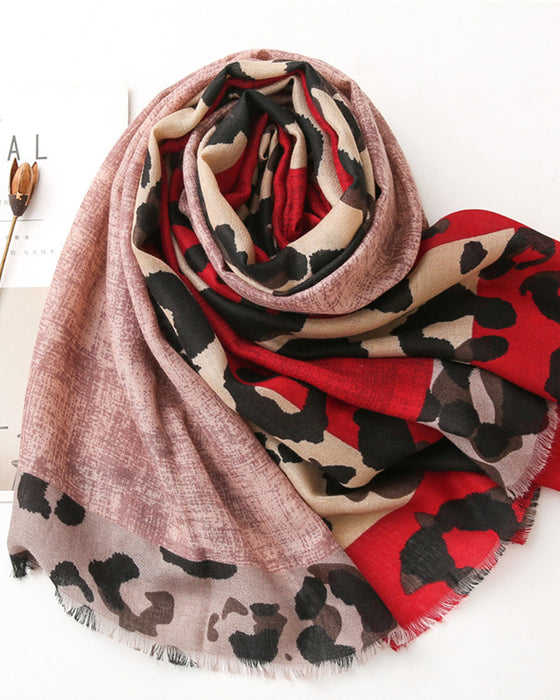 Women's Leopard Patchwork Print Fringe Shawl Scarf