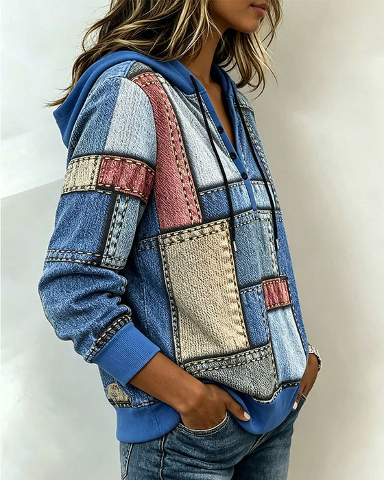 V-Neck Color-Block Button Hoodie
