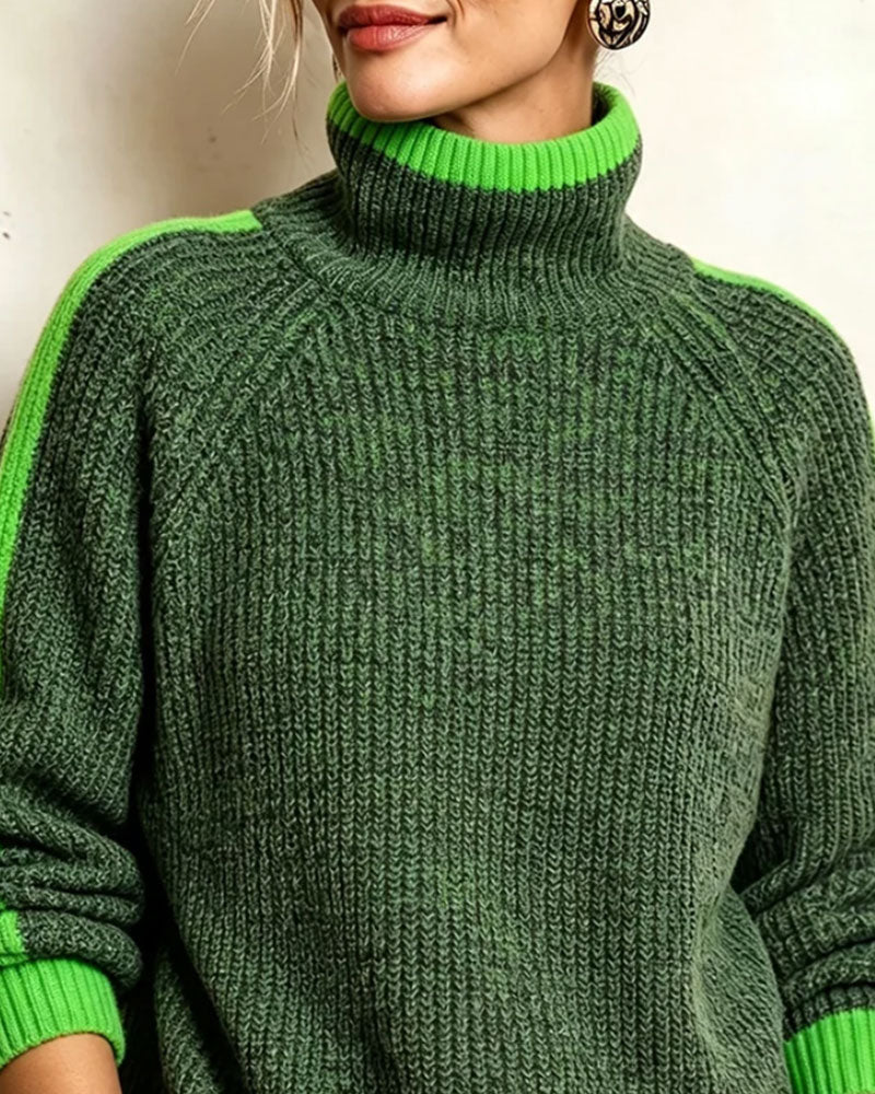 Turtleneck Contrast Raglan Sleeve Pullover