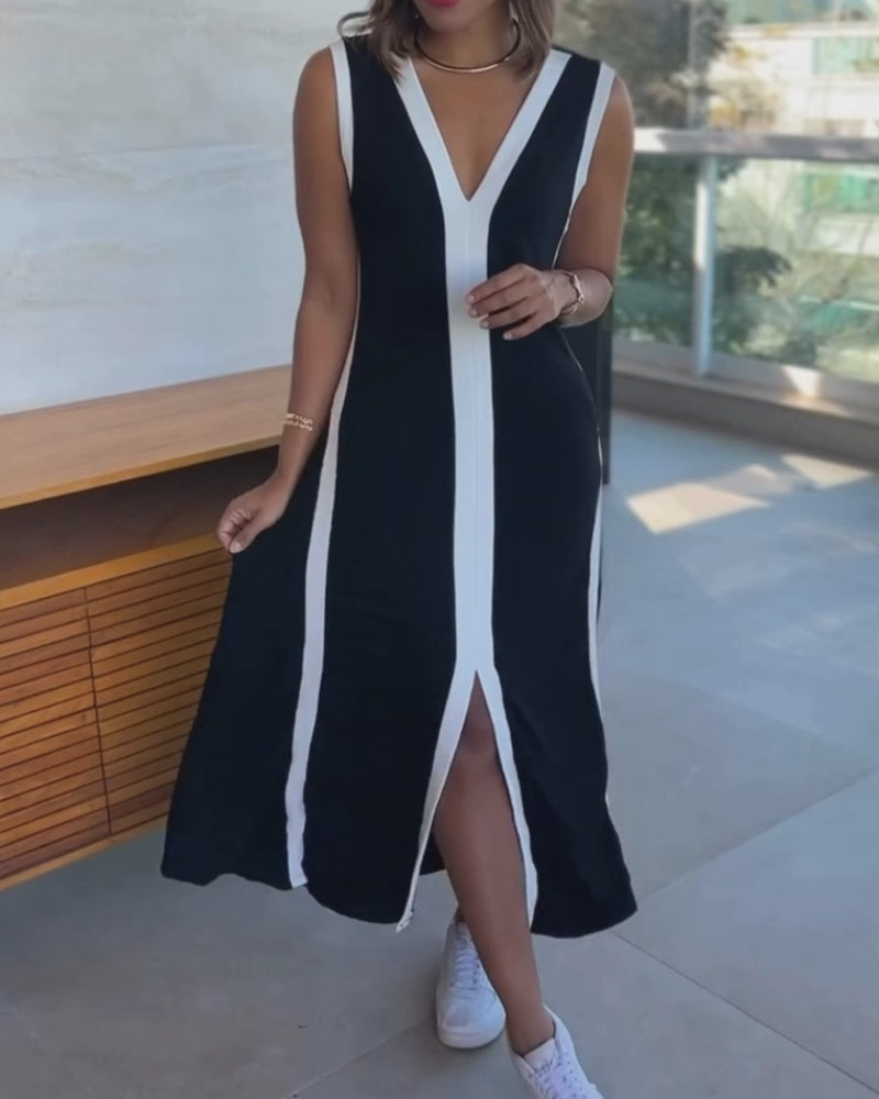 Color-Blocked Sleeveless Slit Maxi Dress
