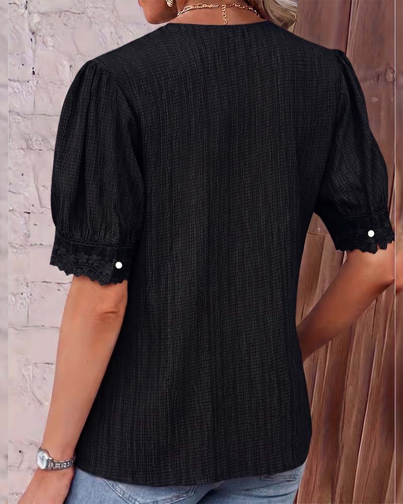Lace Patchwork V-Neck Puff Sleeve Blouse