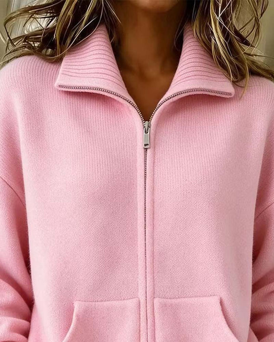 Lapel Zipper Solid Color Cardigan