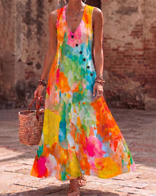 Sleeveless Watercolor Floral Elegant Maxi Dress