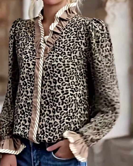 Casual Leopard Print Long-Sleeved Blouse