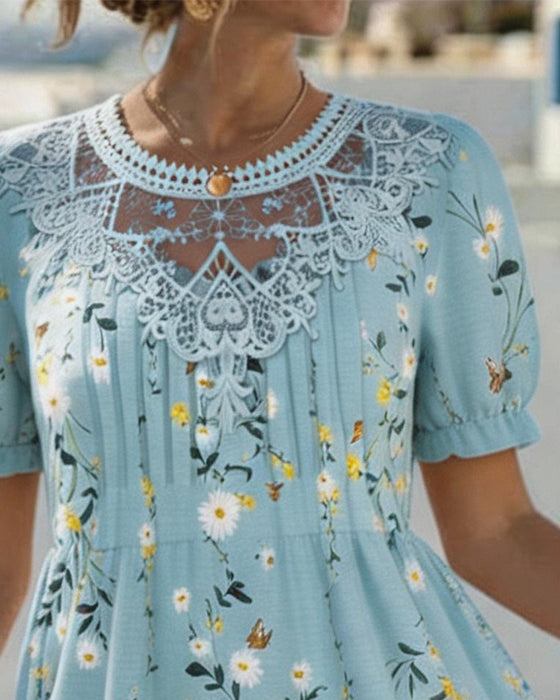 Daisy Lace Short Sleeve Vacation Dress