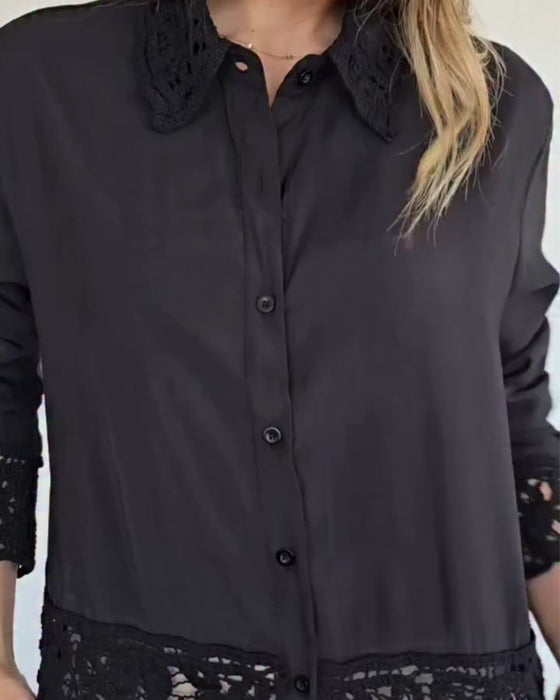 Lapel Hem Lace Patchwork Blouse