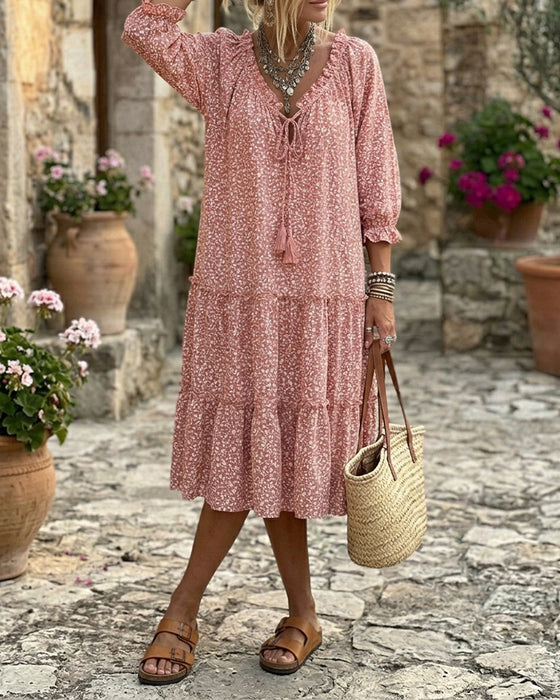 Floral Print Ruffled Tie Dress