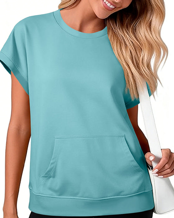 Front Pocket Solid Color Round Neck Blouse