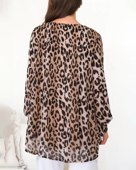 Round Neck Leopard Irregular Lantern Sleeve Blouse