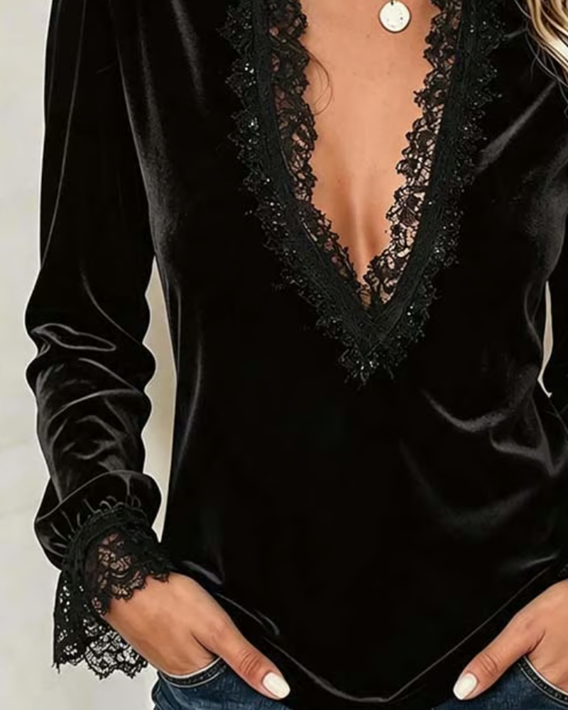 Lace Patchwork V-Neck Ruffle Top