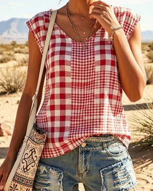 V Neck Plaid Patchwork Sleeveless Tank Top