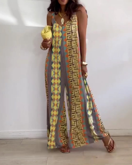 Geometric Print Spaghetti Strap Wide Leg Jumpsuit