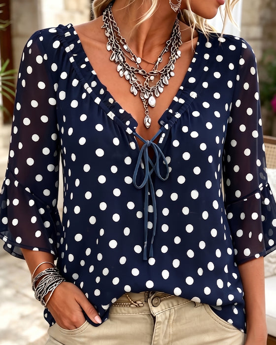 Polka Dot V-Neck Tie Casual Blouse