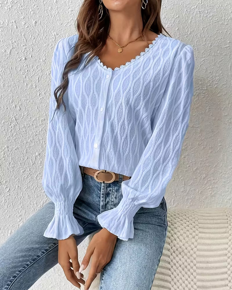 Elegant Jacquard Ruffle Sleeve Blouse