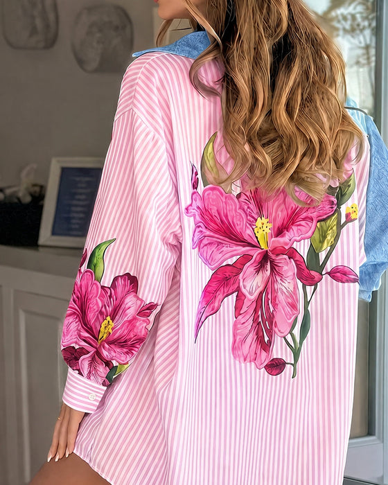 Floral Stripe Denim Patchwork Shirt