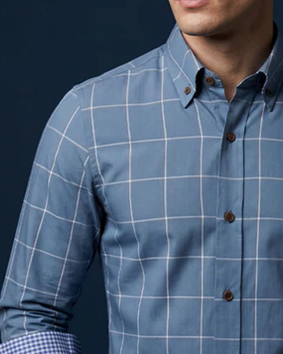 Blue and White Check Lapel Long Sleeve Shirt