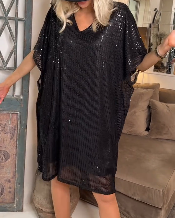 V-Neck Sequined Casual Dress